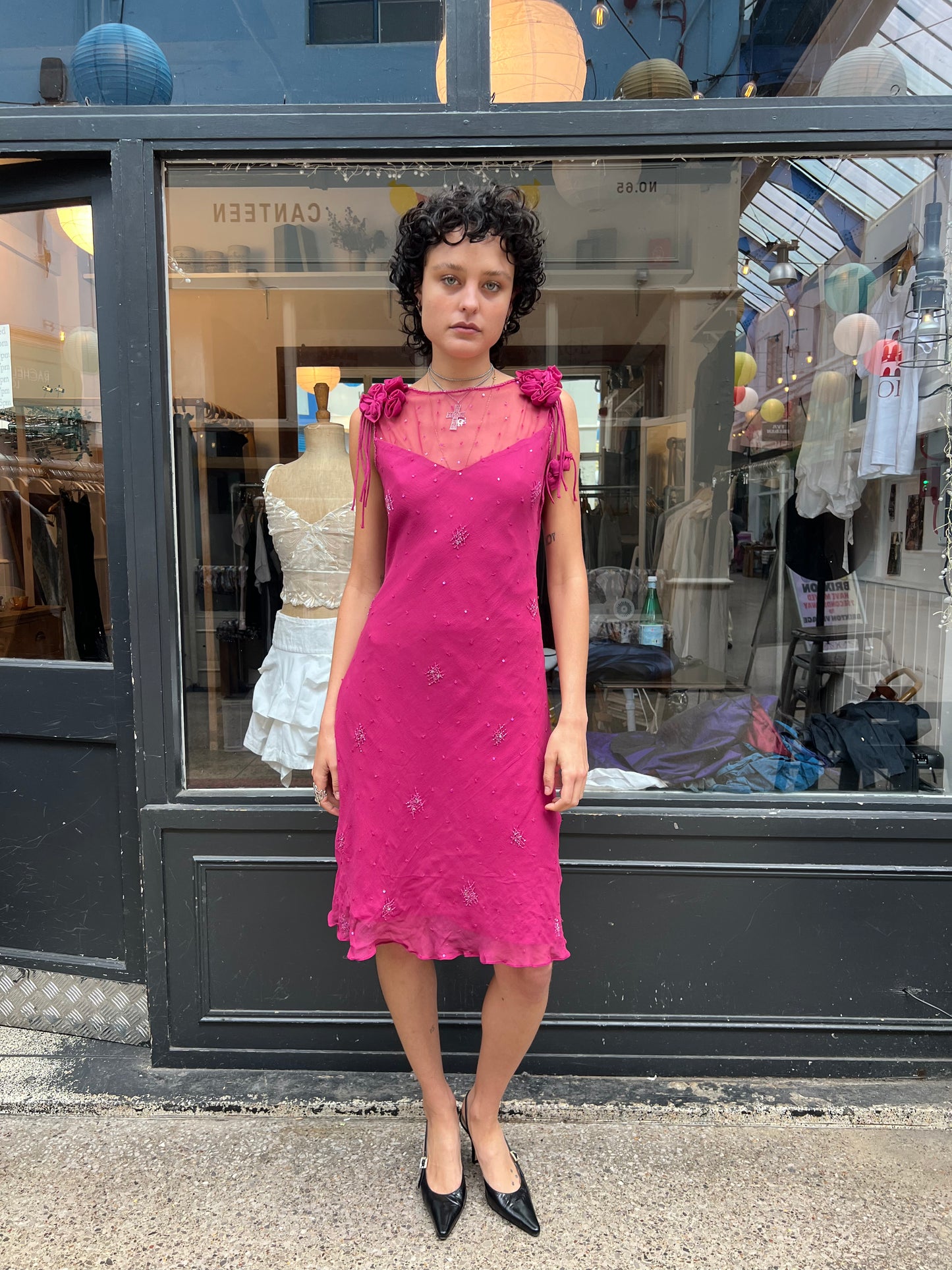 Pink beaded silk slip dress