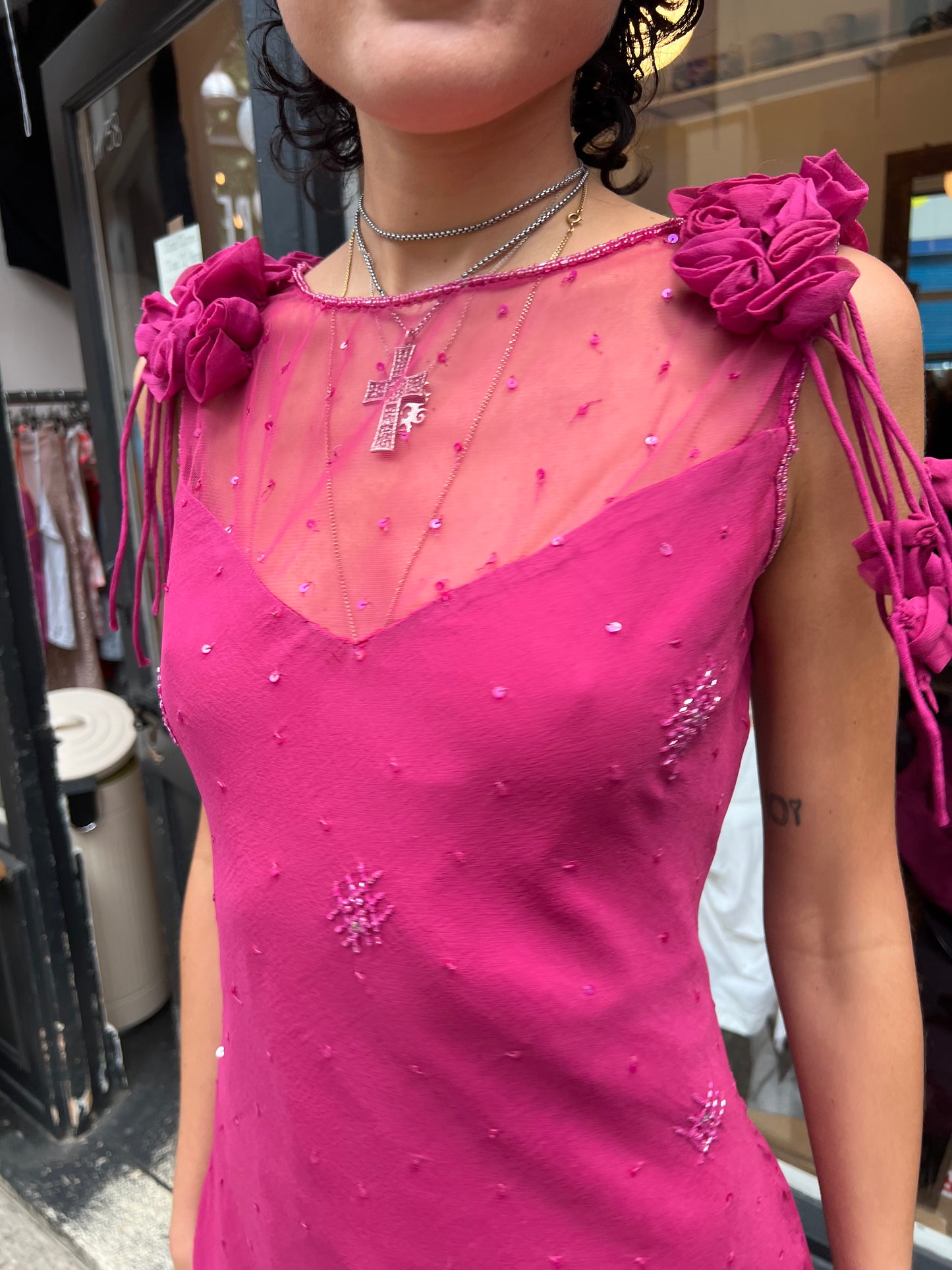 Pink beaded silk slip dress