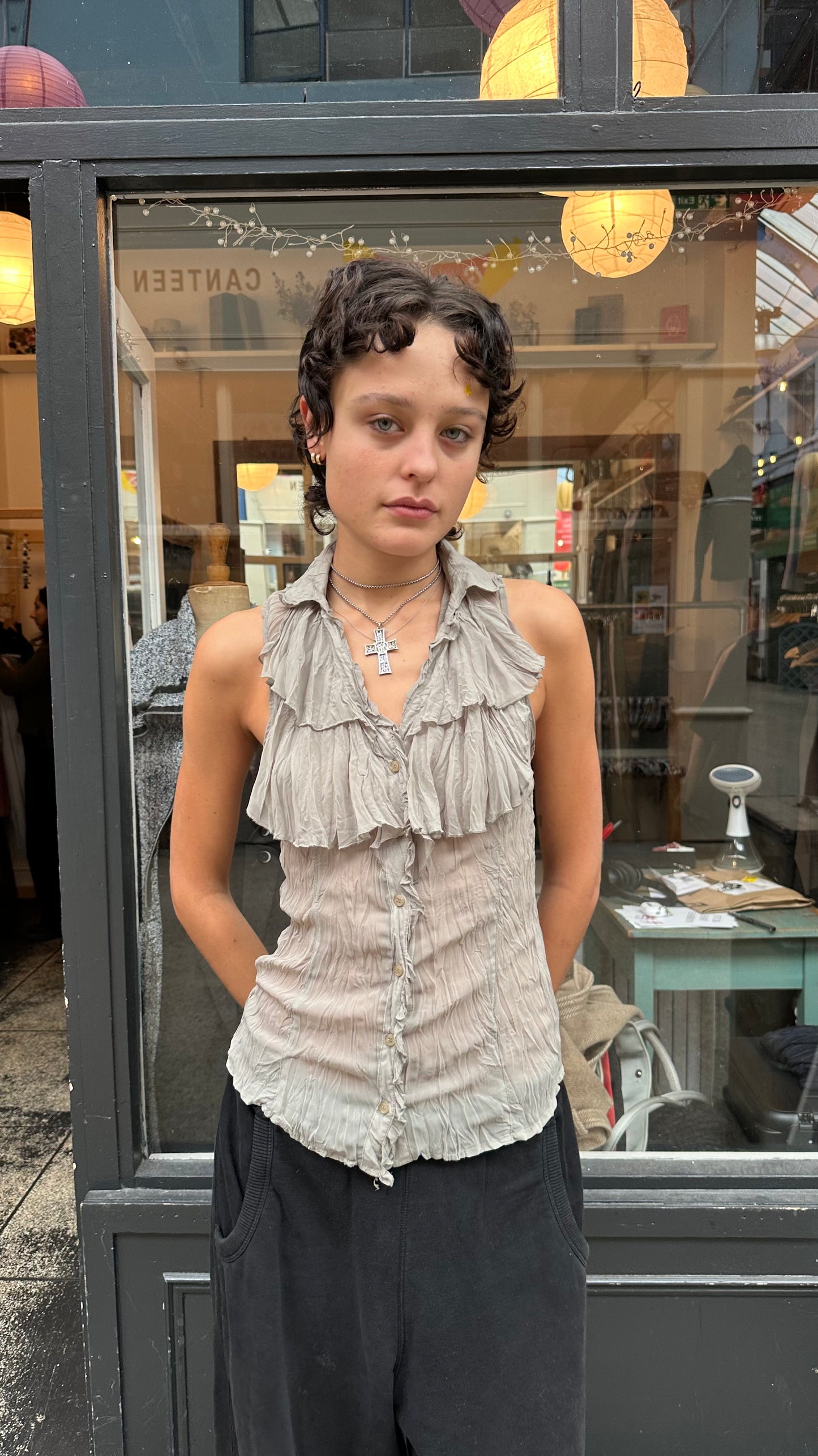 Sage green sheer ruffle blouse