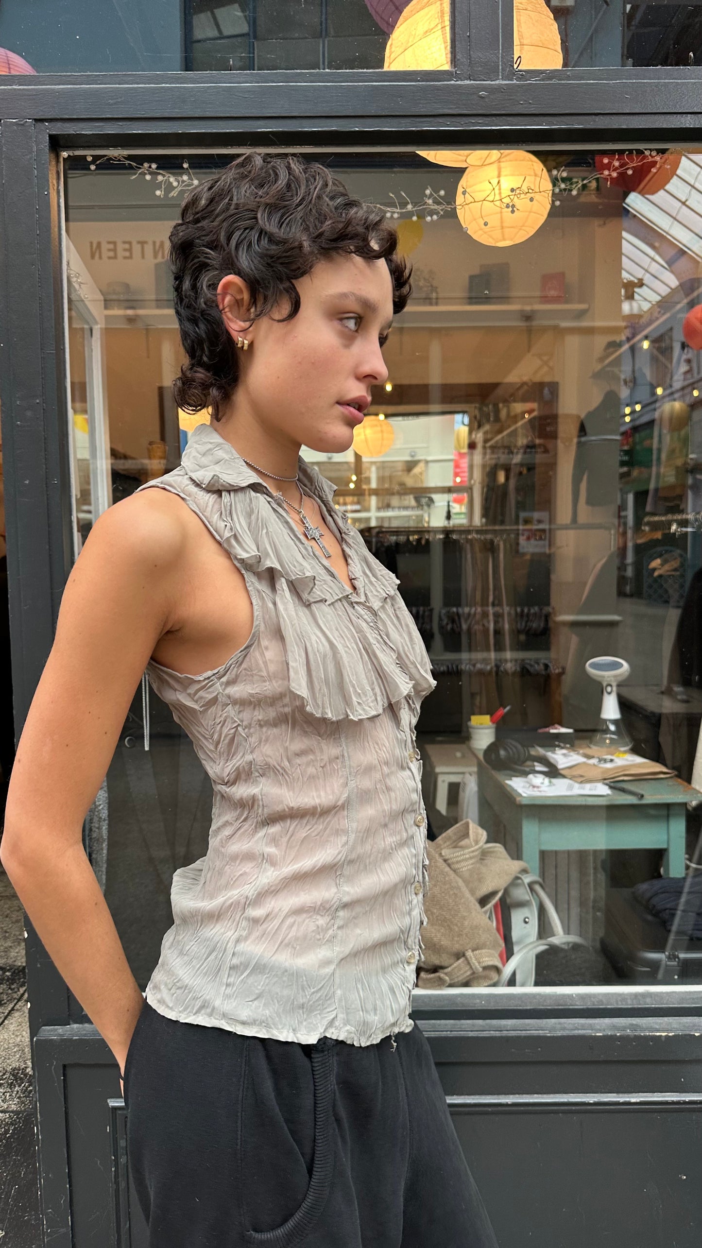 Sage green sheer ruffle blouse