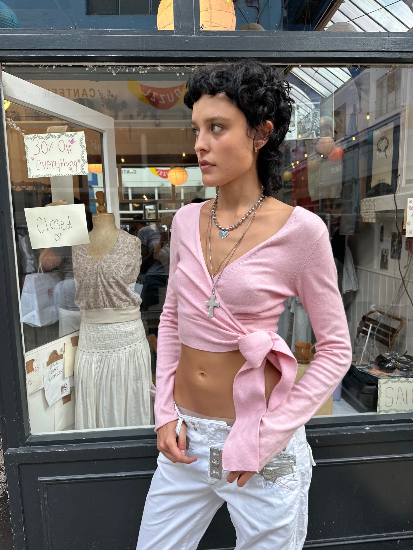 Baby pink cotton cashmere blend wrap cardigan