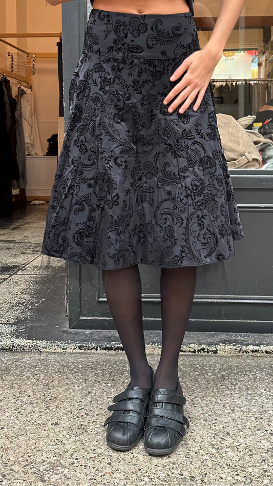 Black velvet midi skirt
