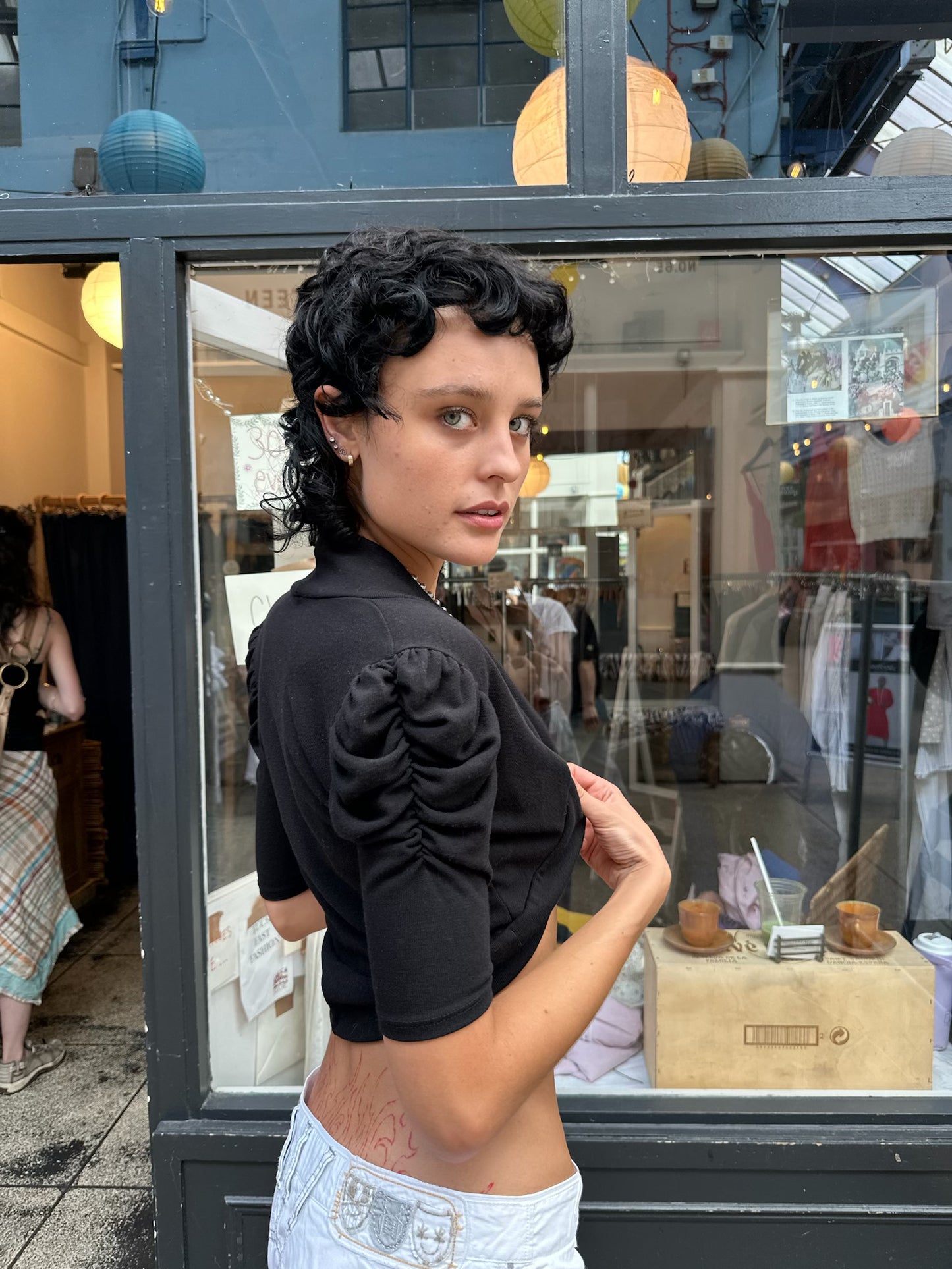 Bolero with ruched sleeves