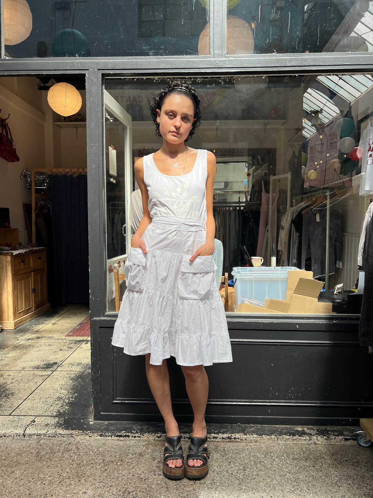 PIANURA STUDIO white tiered dress with floral applique labelled M