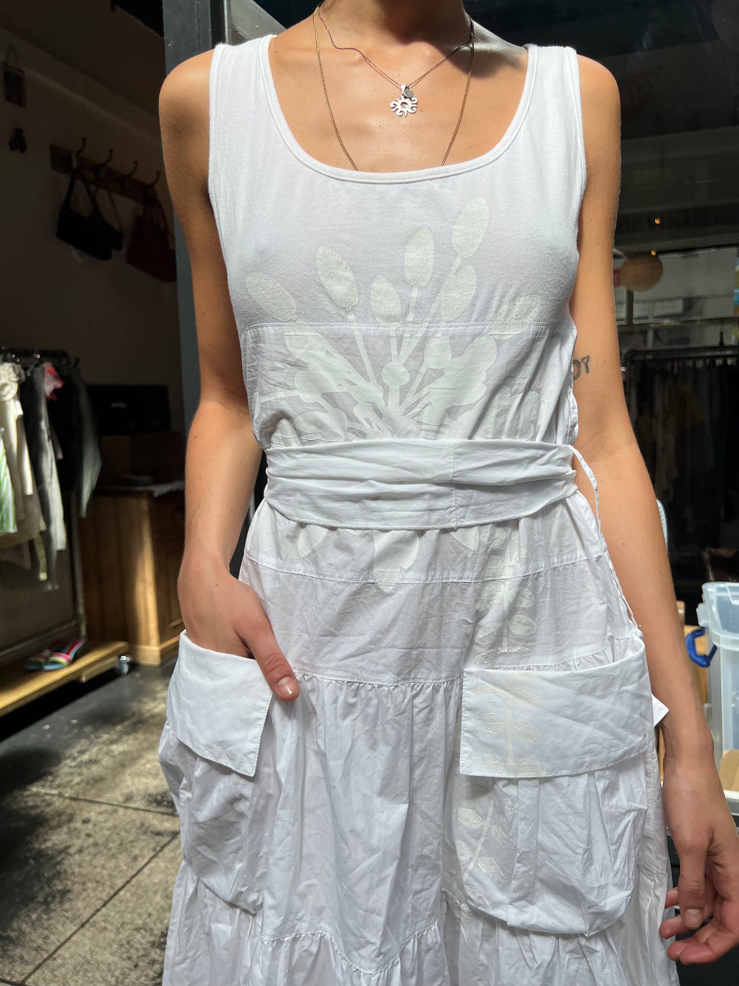 PIANURA STUDIO white tiered dress with floral applique labelled M
