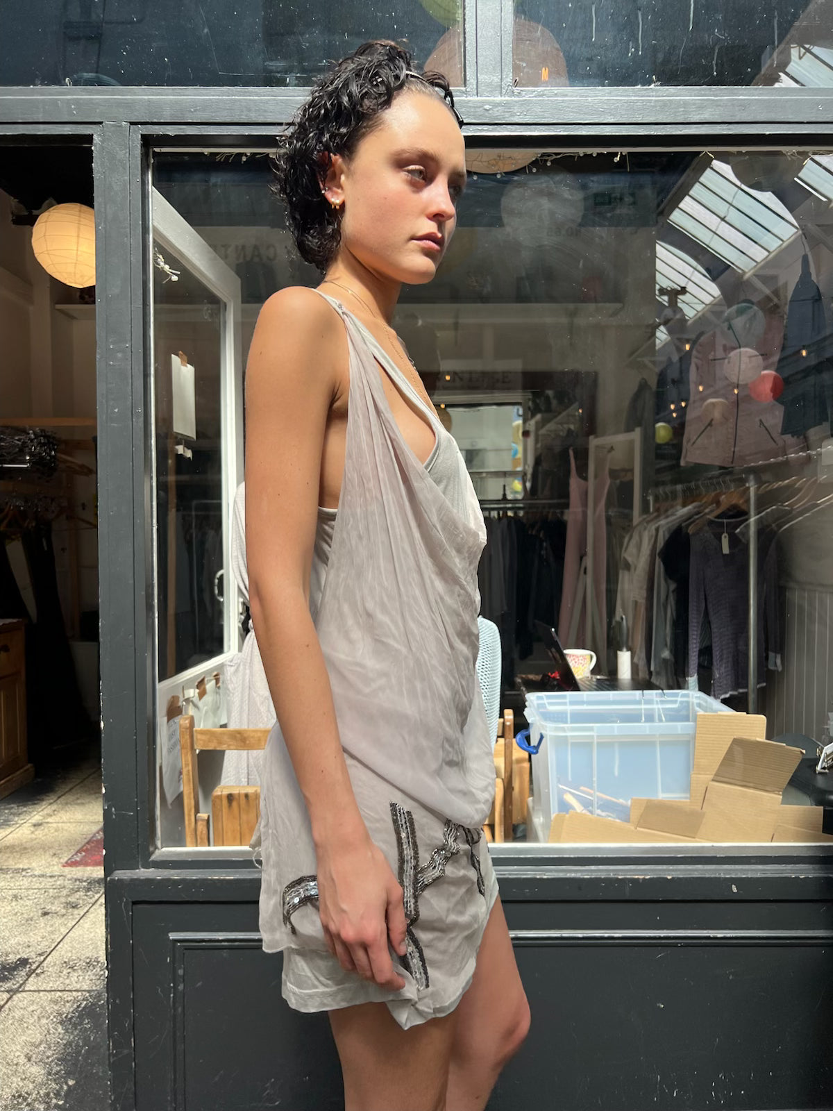 Grey beaded mini dress
