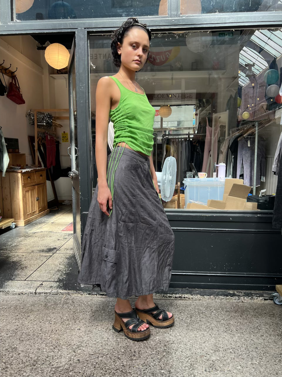 Grey 100% cotton striped maxi skirt