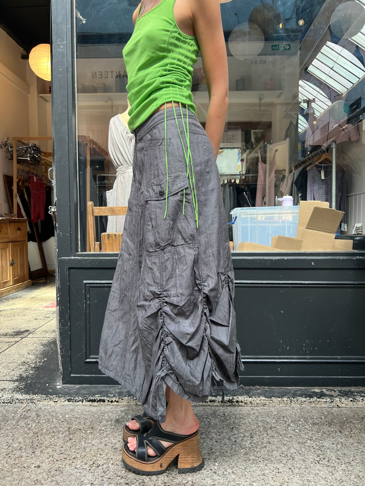 Grey 100% cotton striped maxi skirt