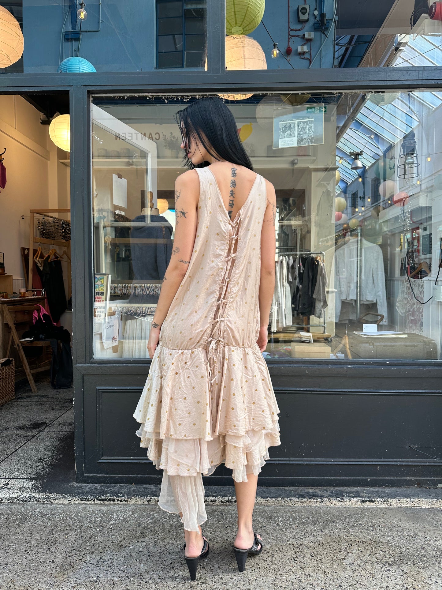 baby pink 100% silk polka dot drop waist dress