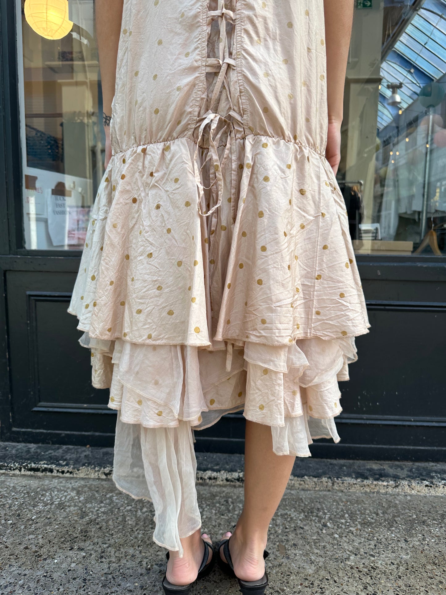 baby pink 100% silk polka dot drop waist dress