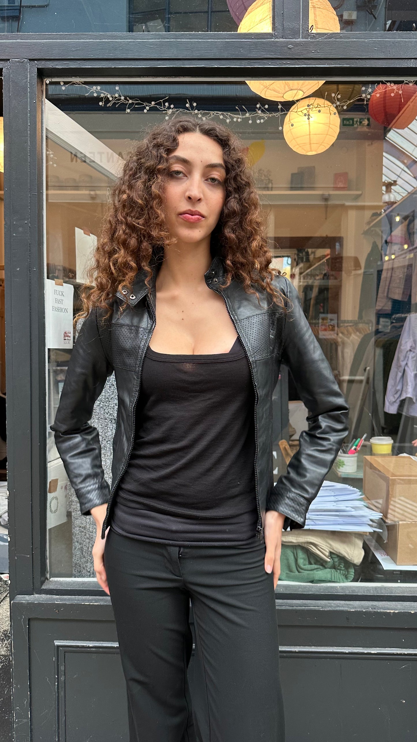 Leather jacket with pointelle