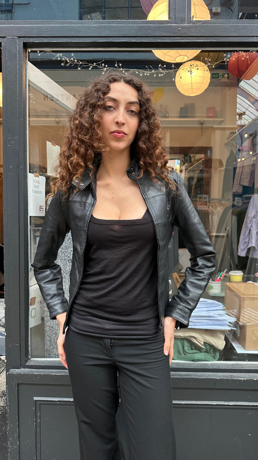 Leather jacket with pointelle