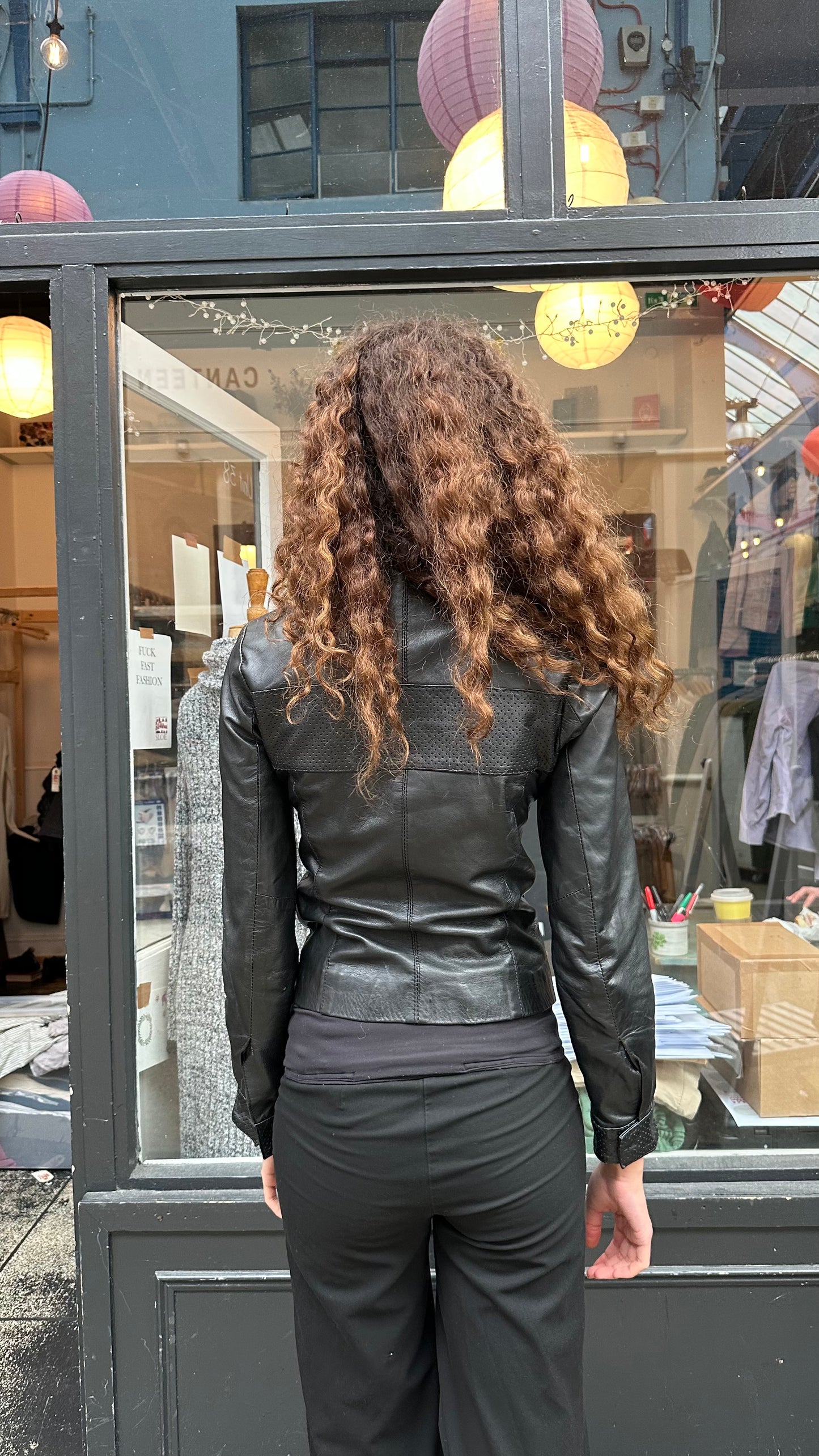 Leather jacket with pointelle