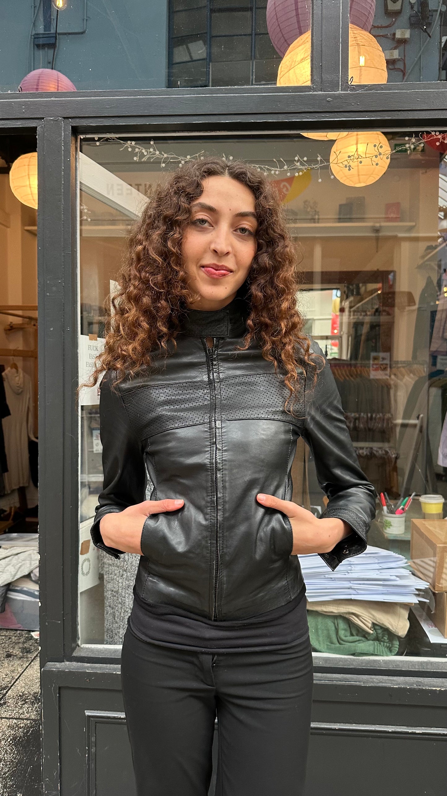 Leather jacket with pointelle