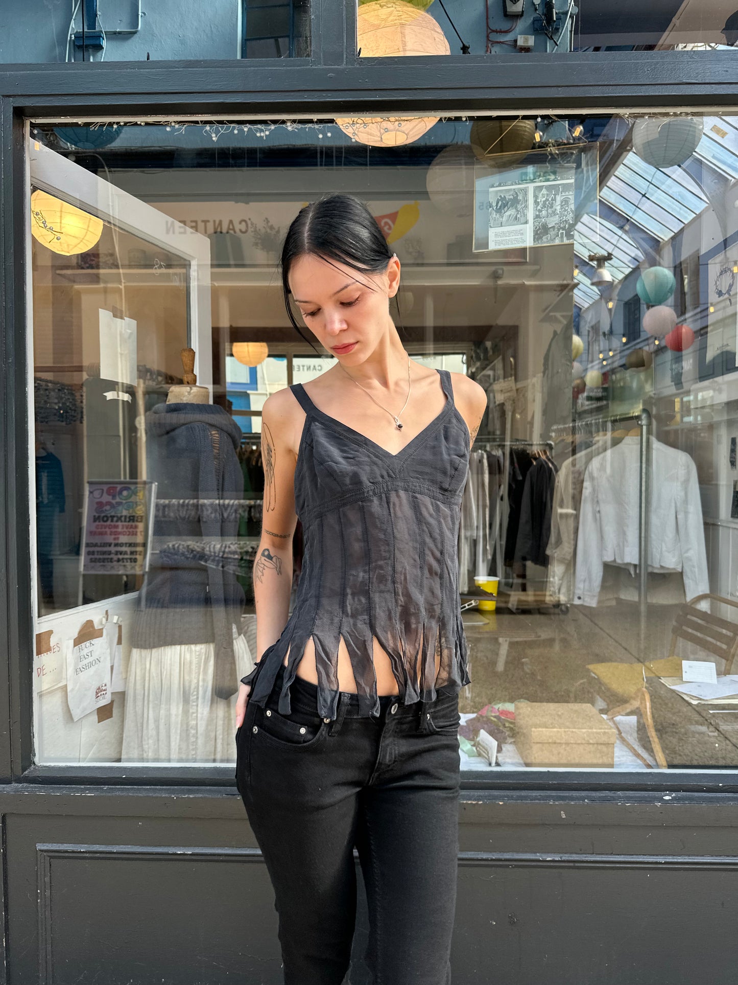 Charcoal grey 100% silk shredded tank