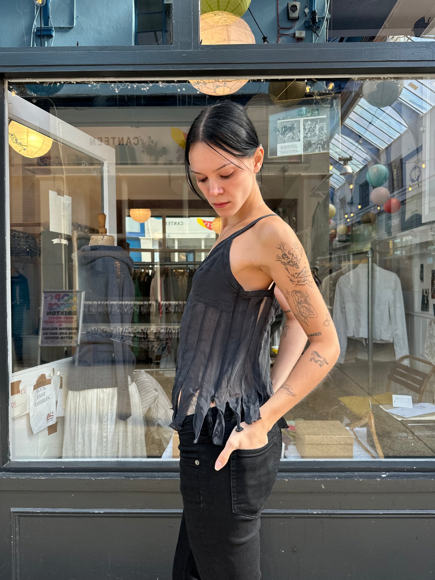 Charcoal grey 100% silk shredded tank