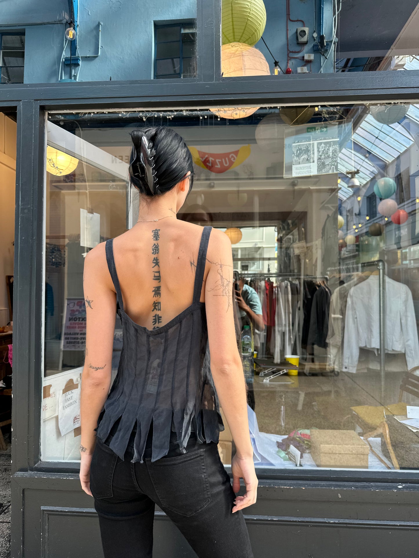 Charcoal grey 100% silk shredded tank