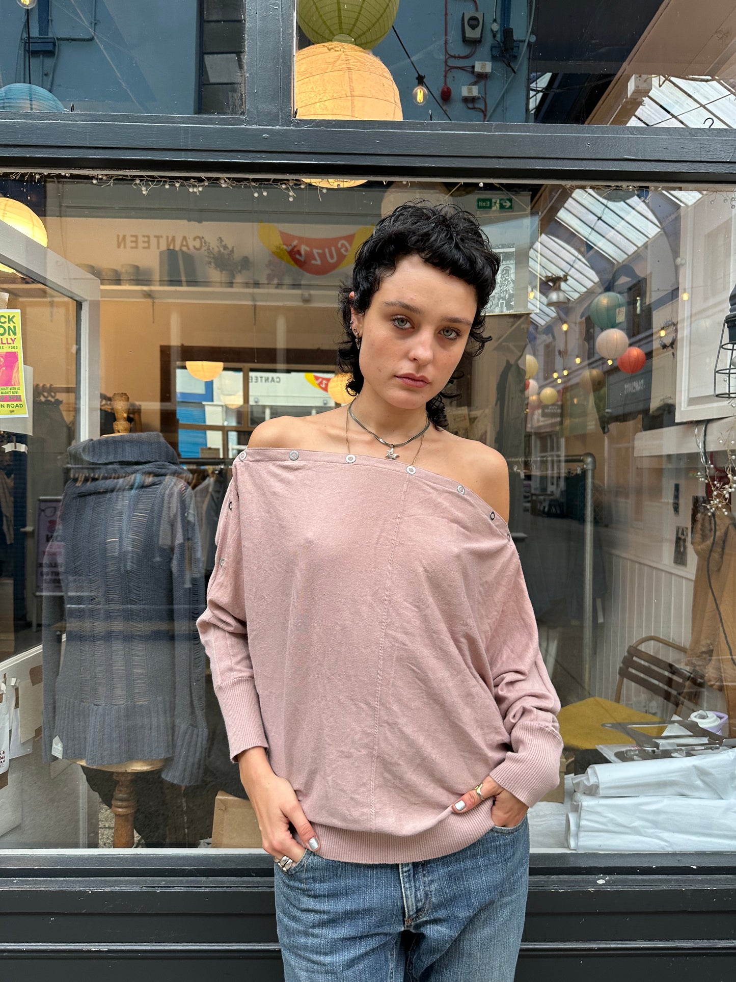 All Saints dusty pink slouchy popper sleeve jumper