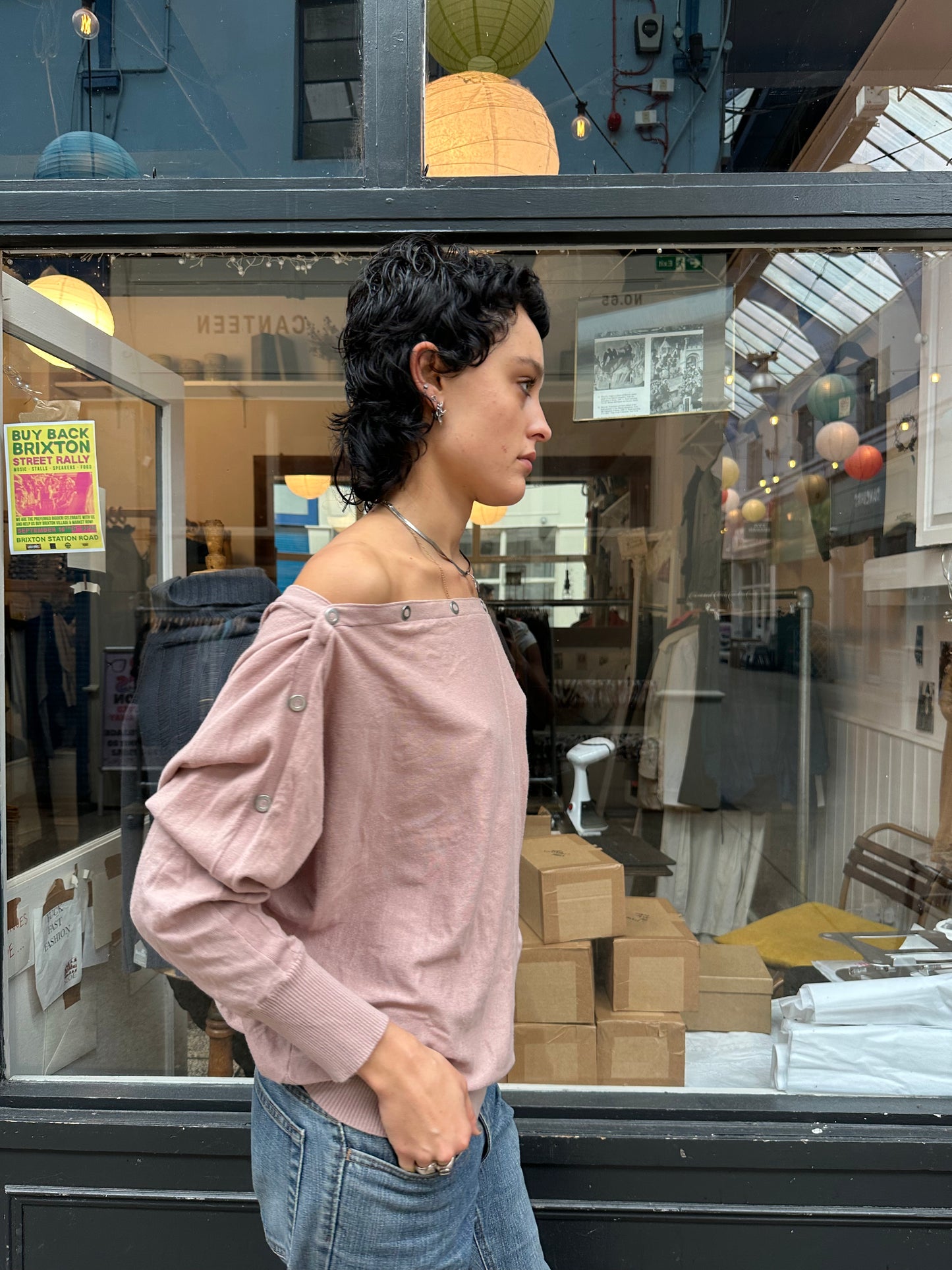 All Saints dusty pink slouchy popper sleeve jumper