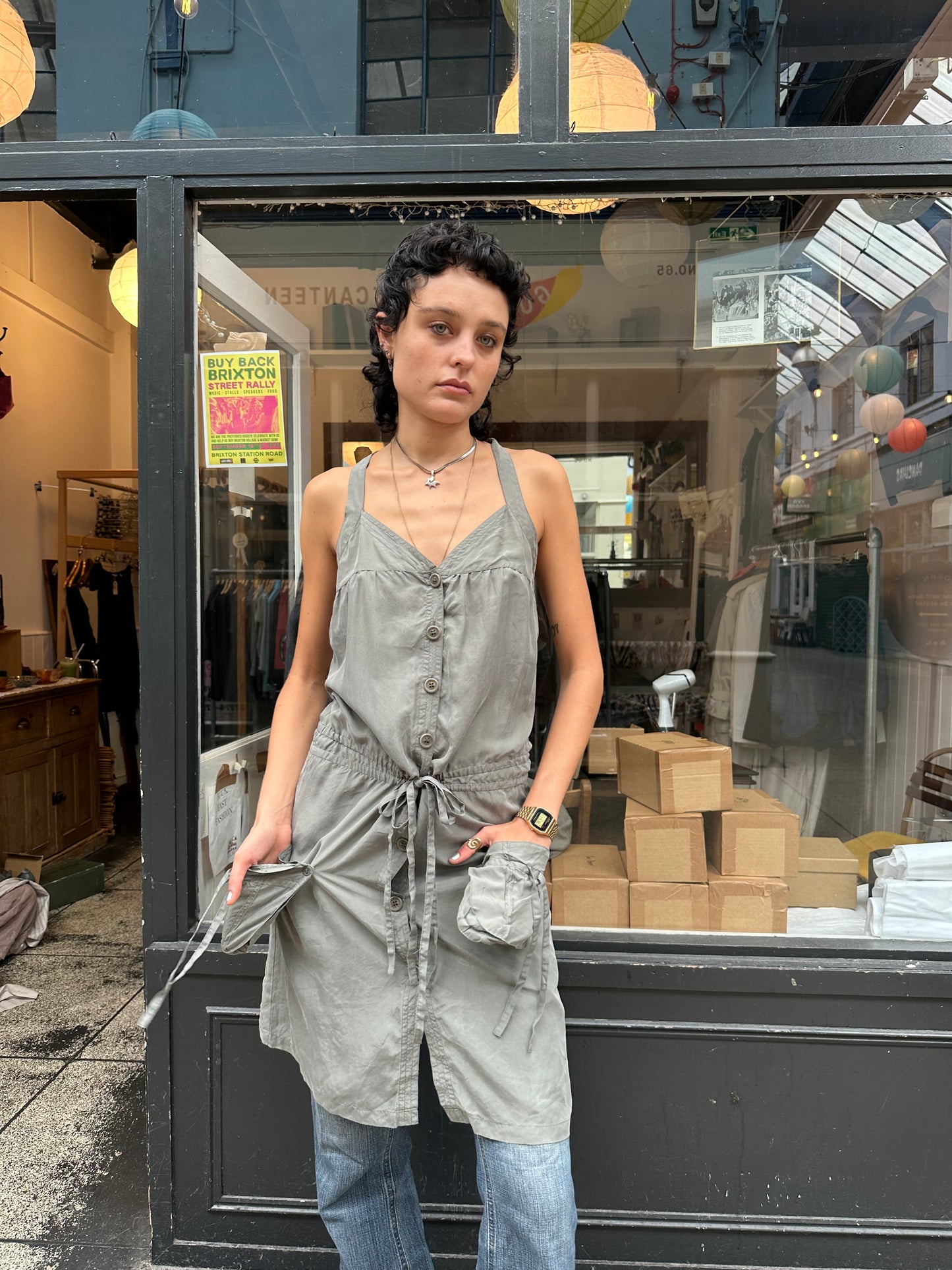 kahki 100% silk midi dress