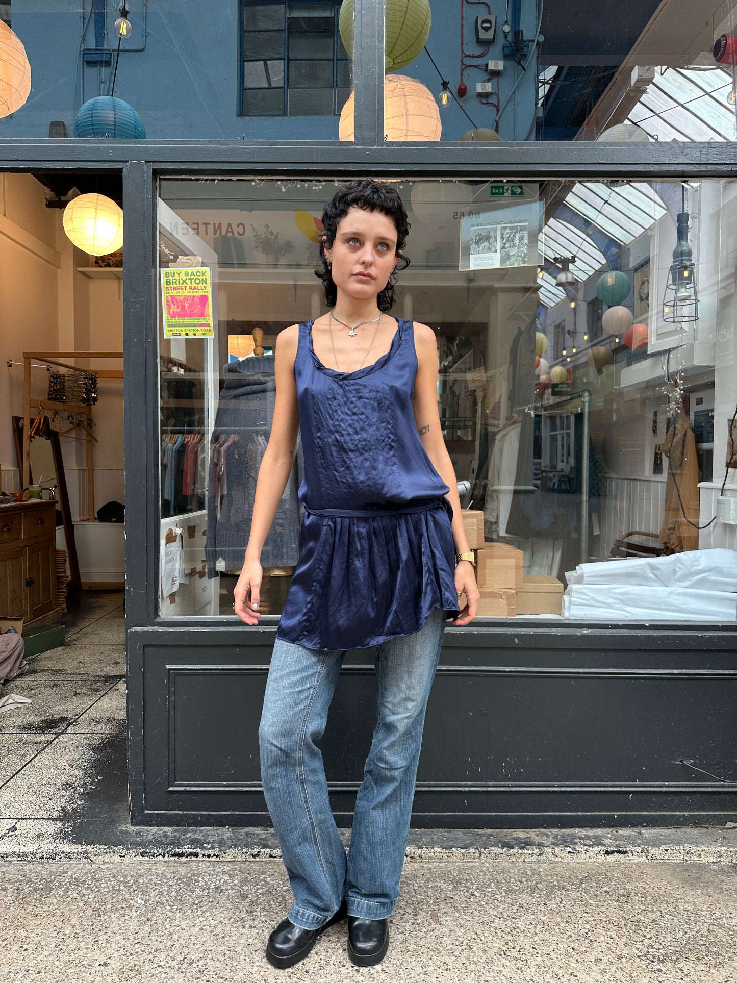 Navy blue silk drop waist dress