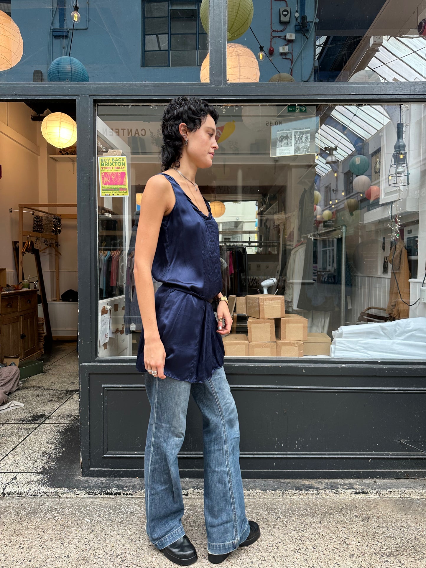 Navy blue silk drop waist dress