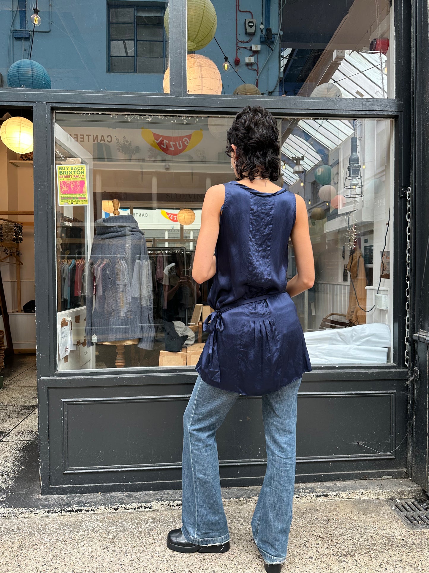 Navy blue silk drop waist dress