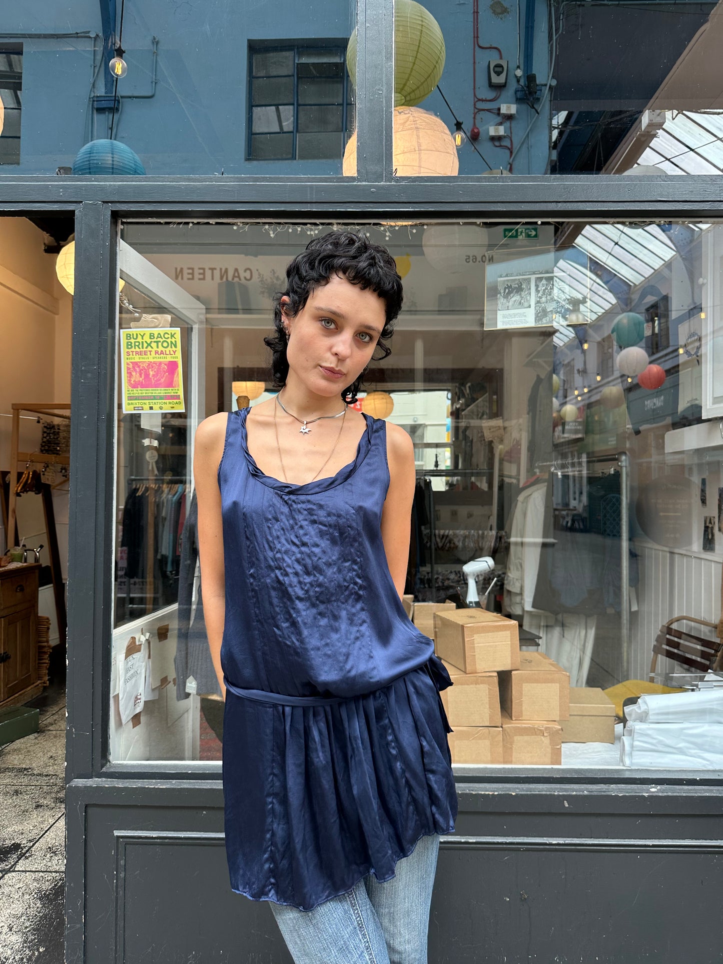Navy blue silk drop waist dress