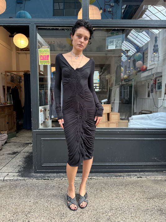 All Saints black rouched body con midi dress