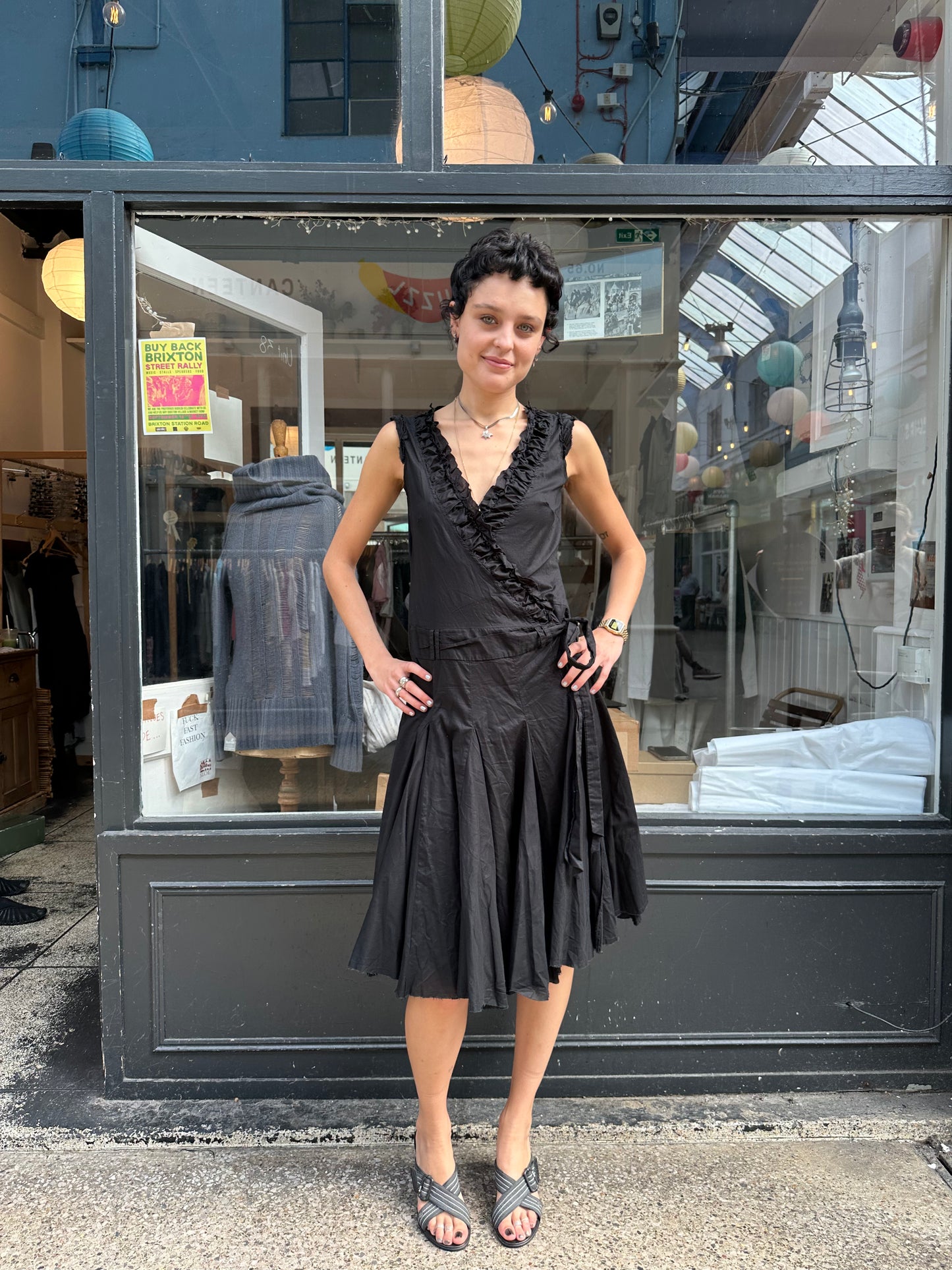 black cotton drop waist wrap dress