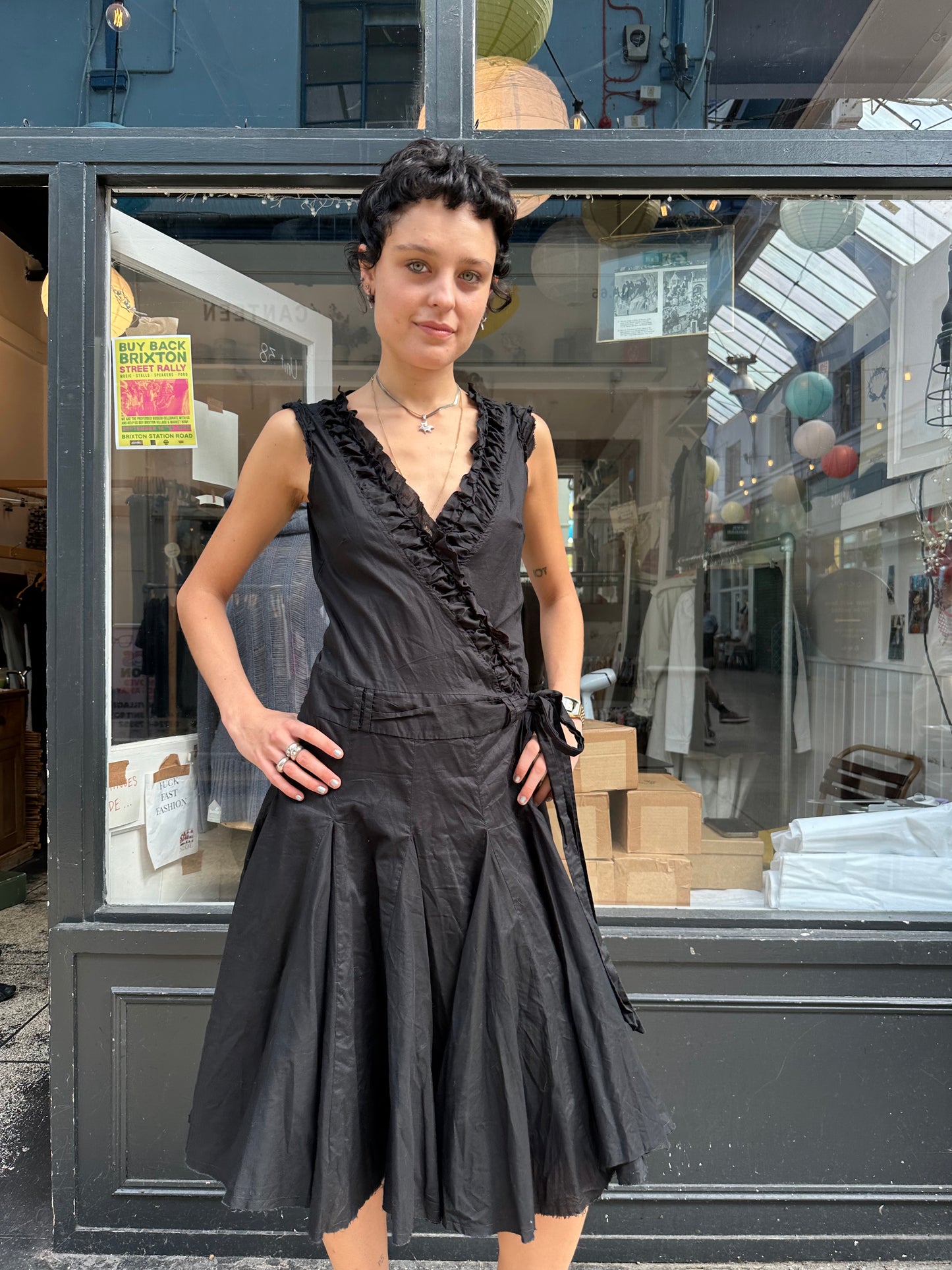 black cotton drop waist wrap dress