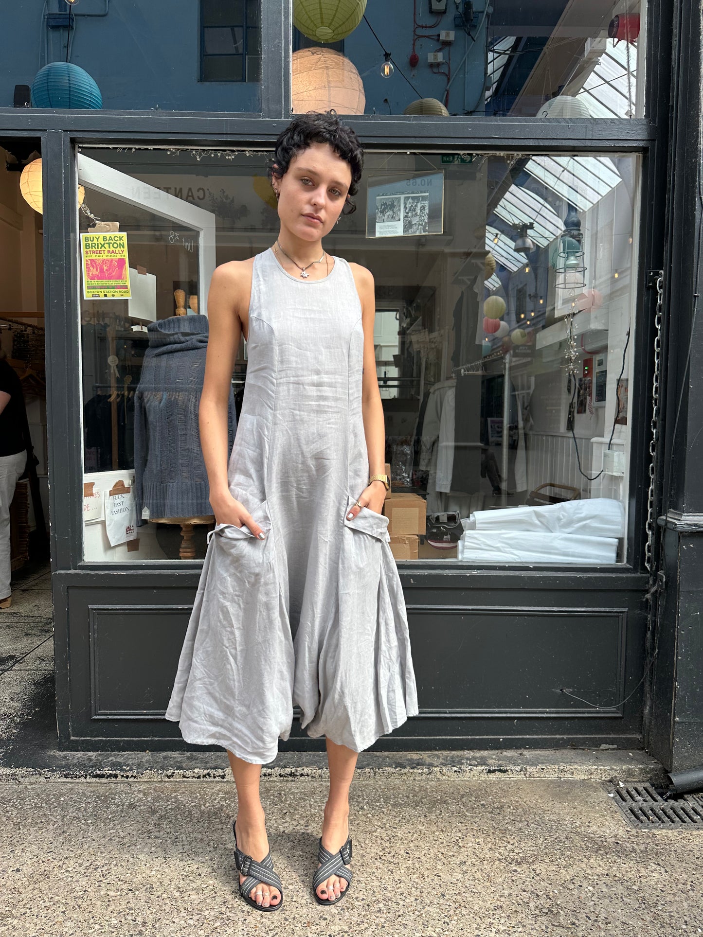 Sarah Pacini grey linen jumpsuit dress
