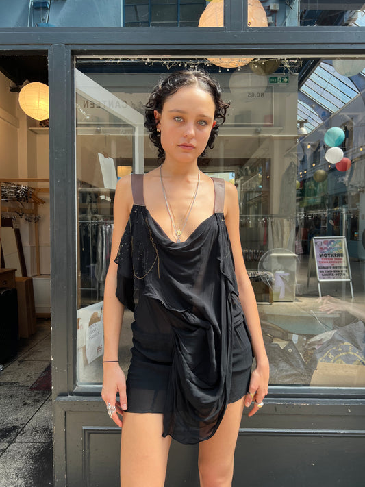 Black sheer dress with leather straps
