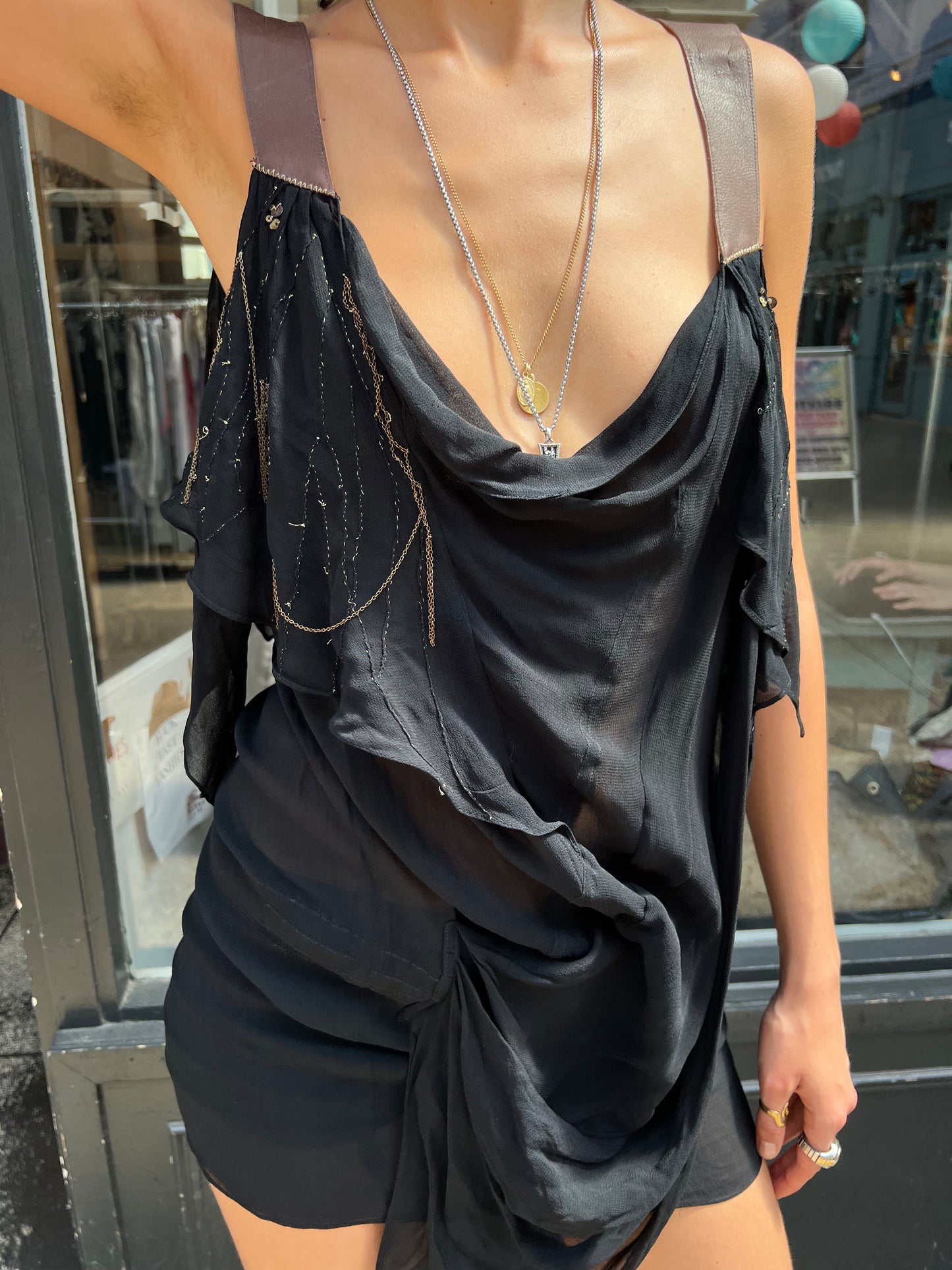 Black sheer dress with leather straps