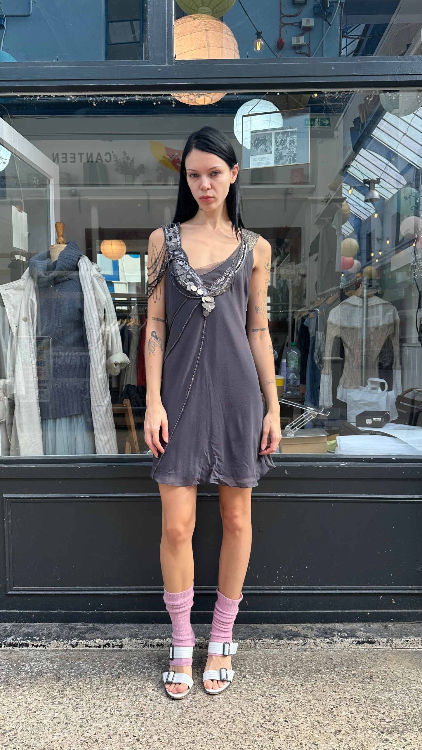 Grey beaded mini dress