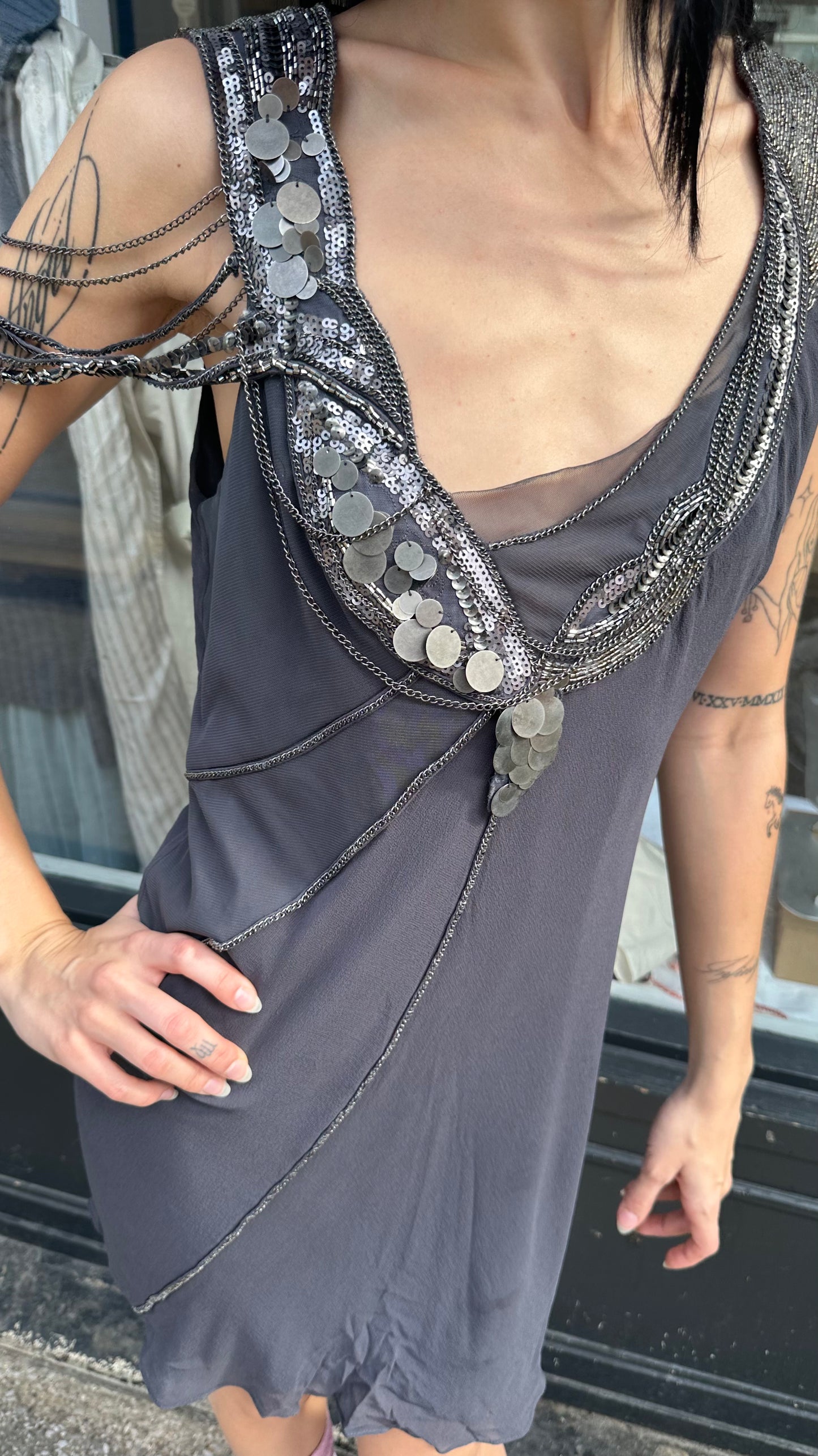Grey beaded mini dress