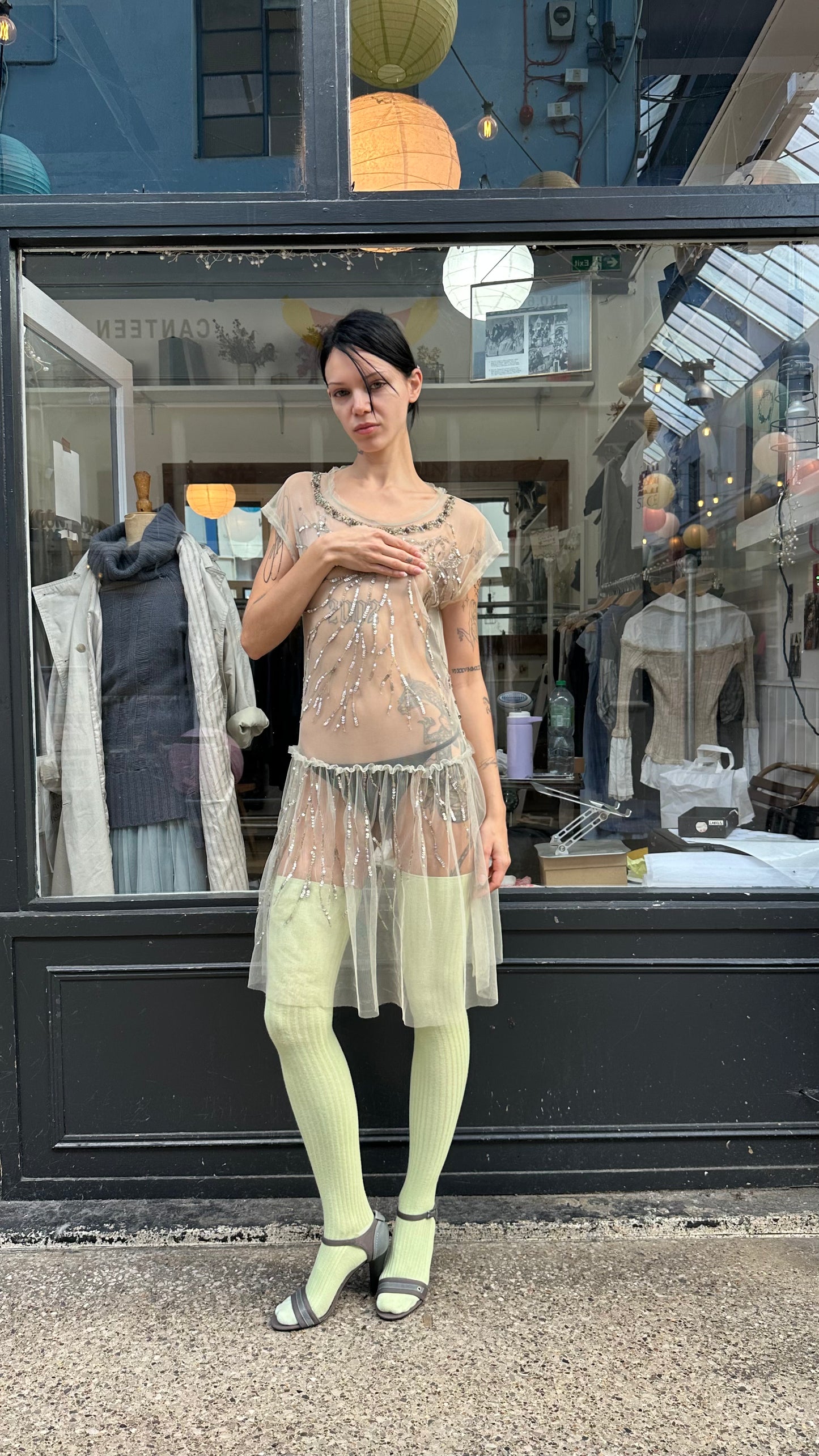 green tulle drop waist dress