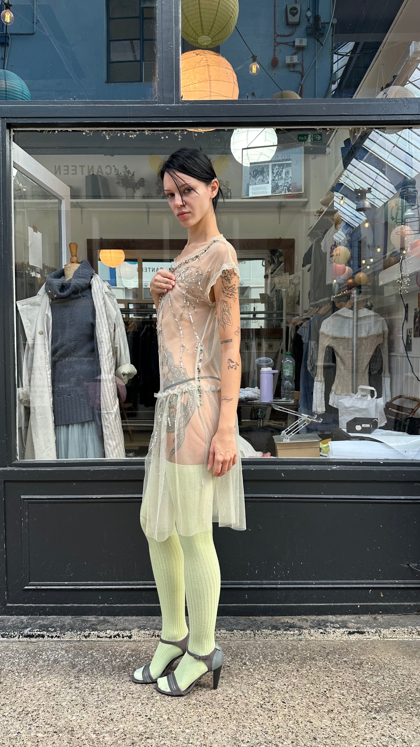 green tulle drop waist dress