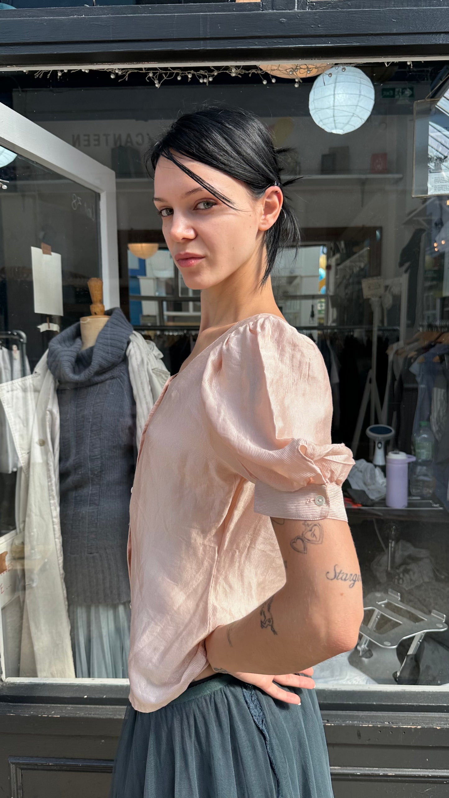 Baby pink 100% silk striped top