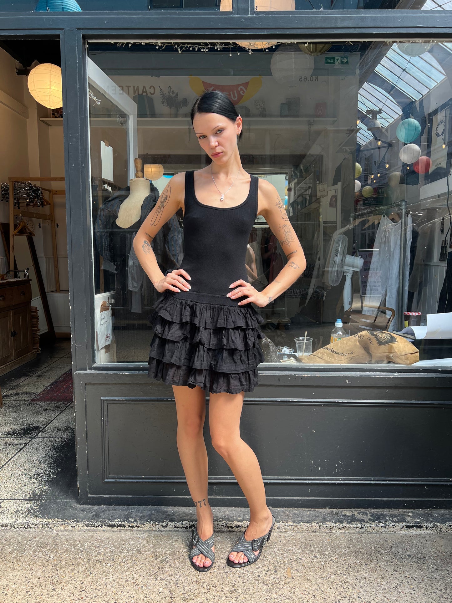 Black cotton drop waist dress