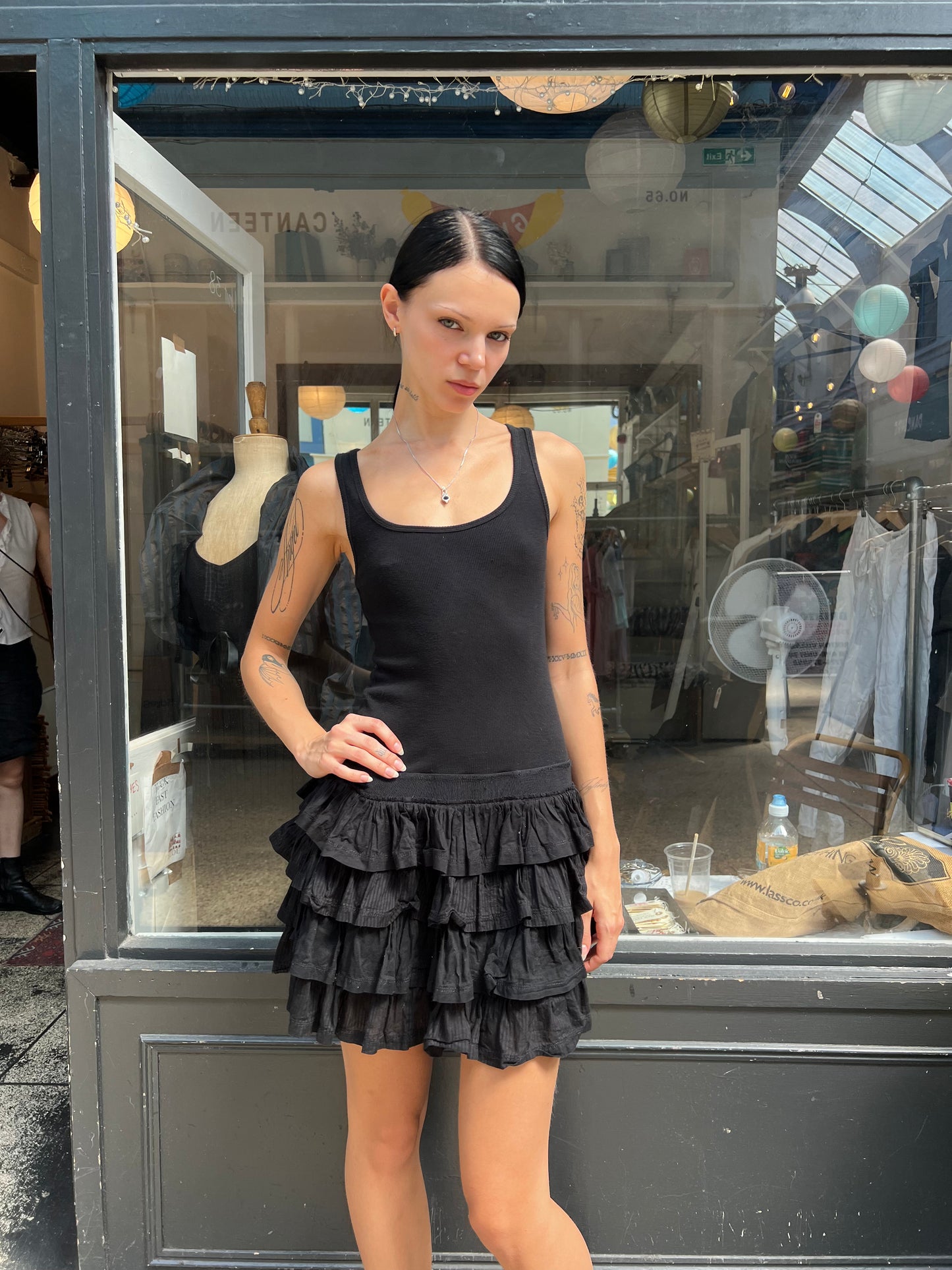 Black cotton drop waist dress