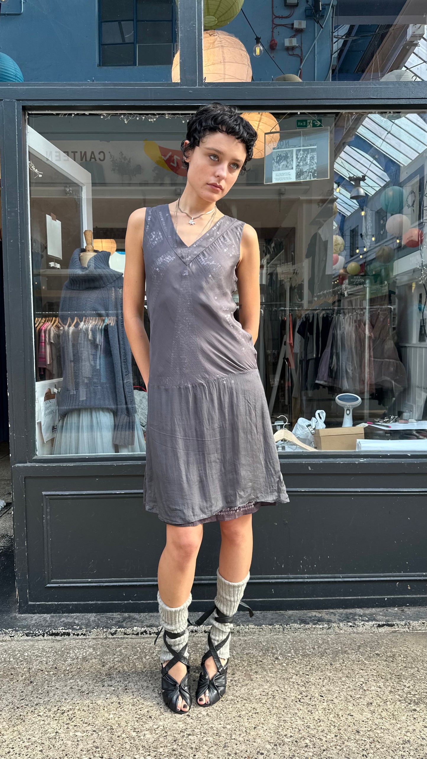 Drop waist dress with sequin underlay
