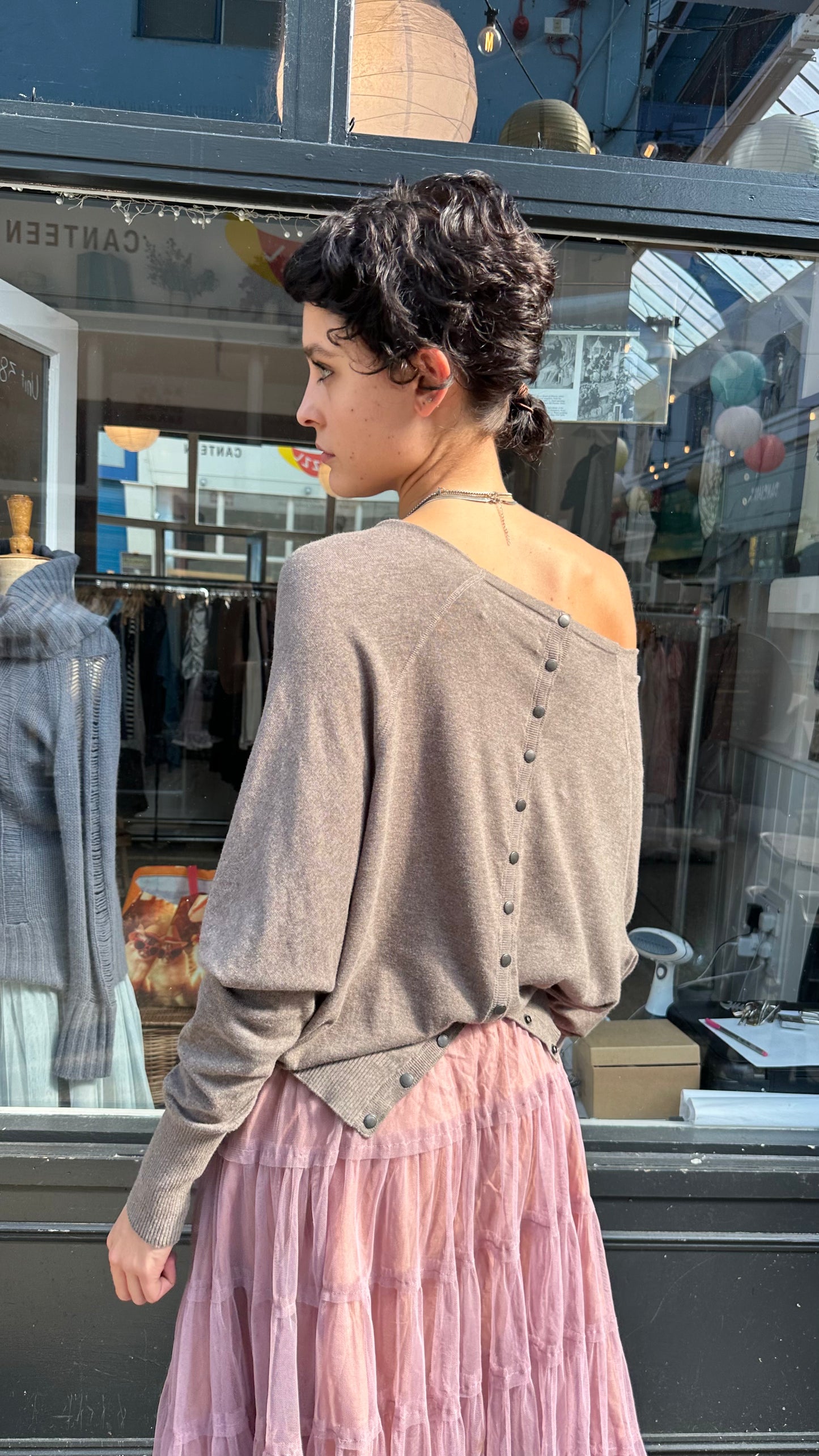 all saints brown slouchy popper back jumper