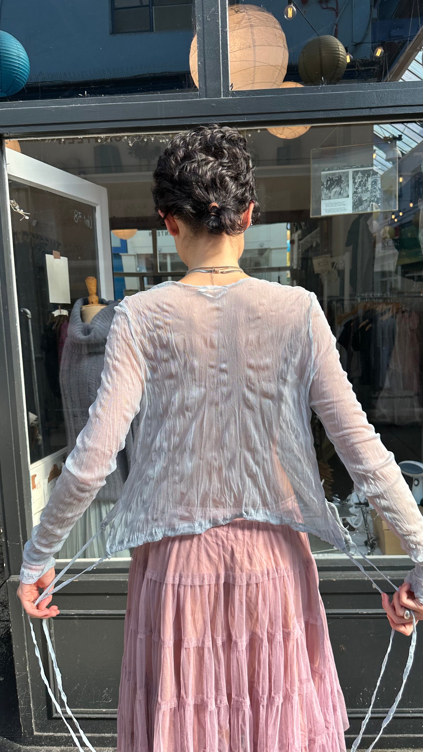 Sheer cardigan with drawstrings