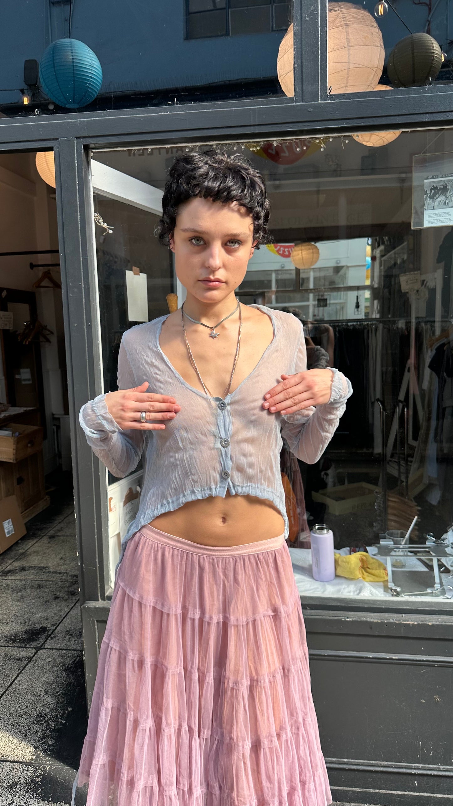 Sheer cardigan with drawstrings