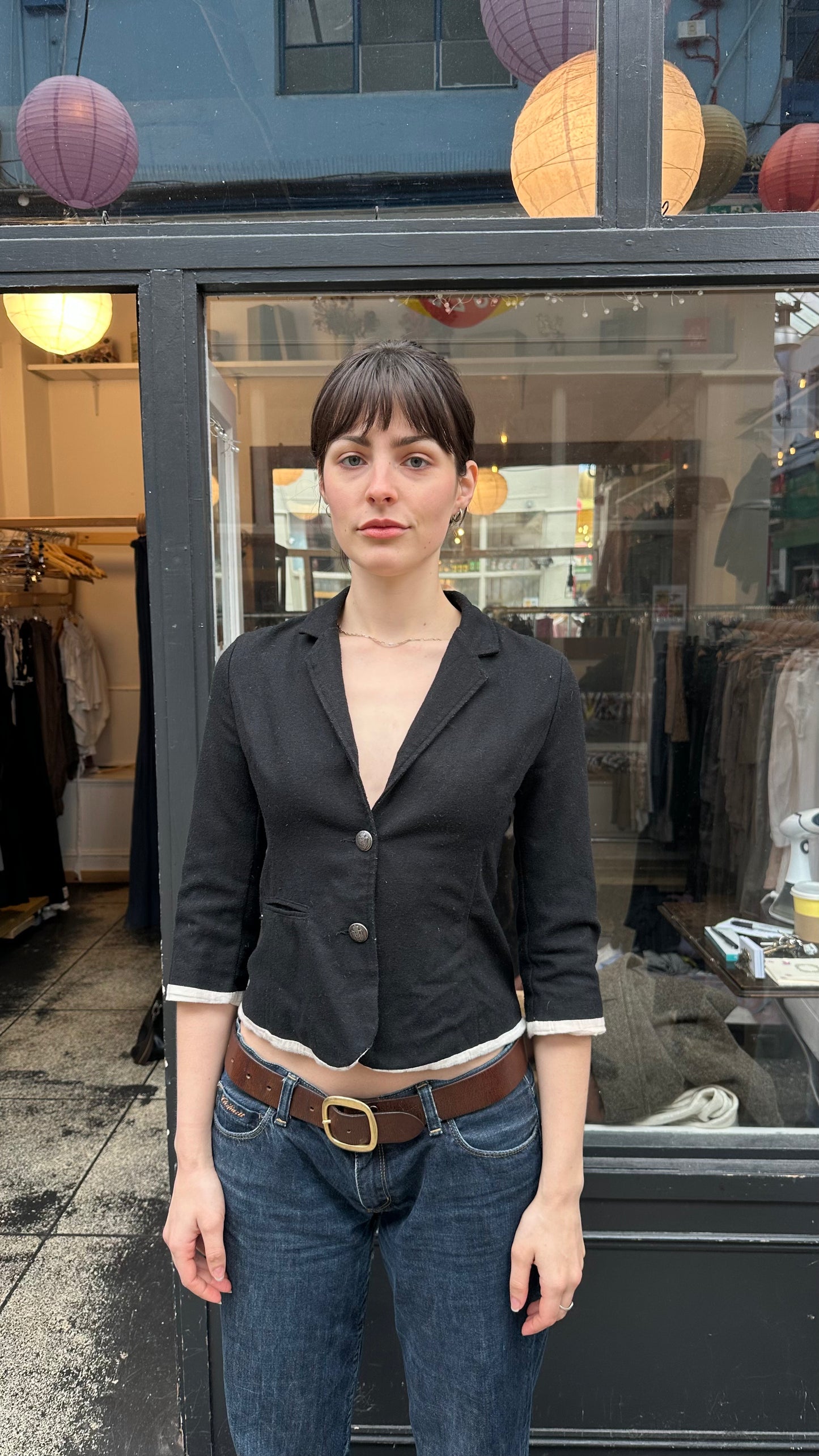 Black wool jacket with cream cotton lining