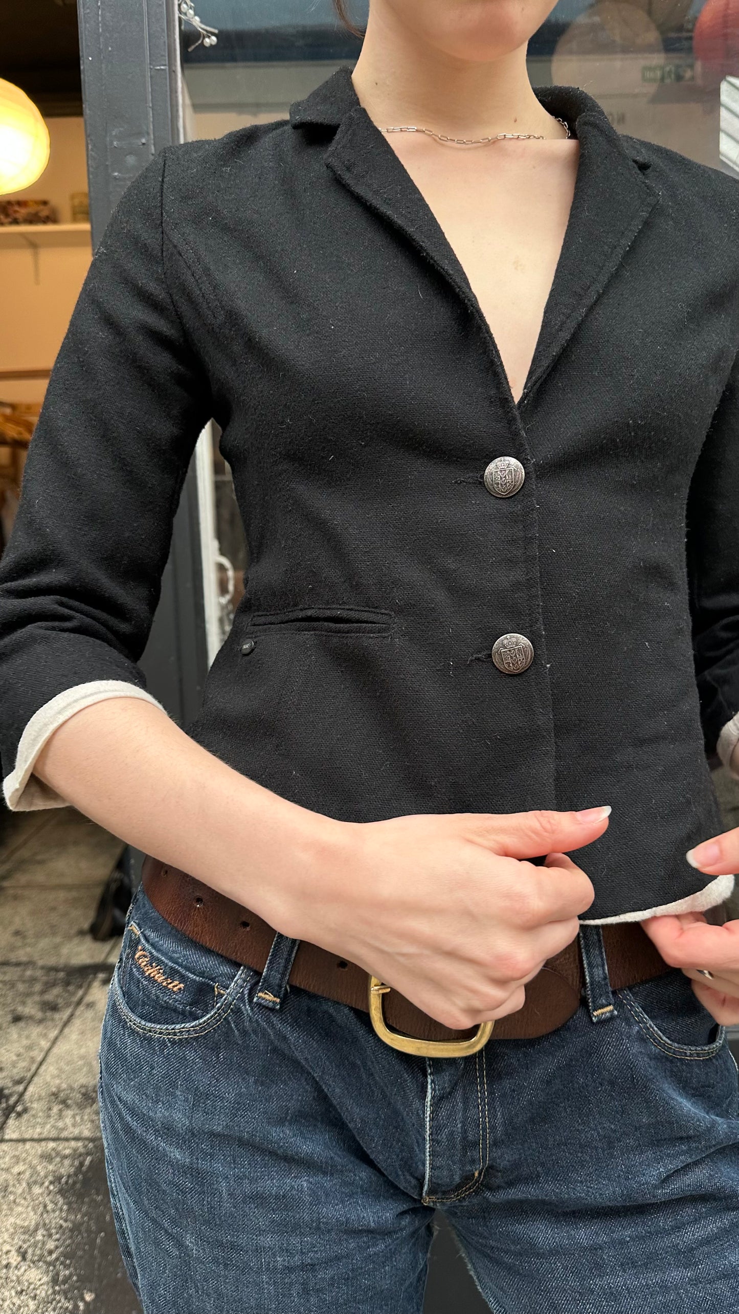 Black wool jacket with cream cotton lining