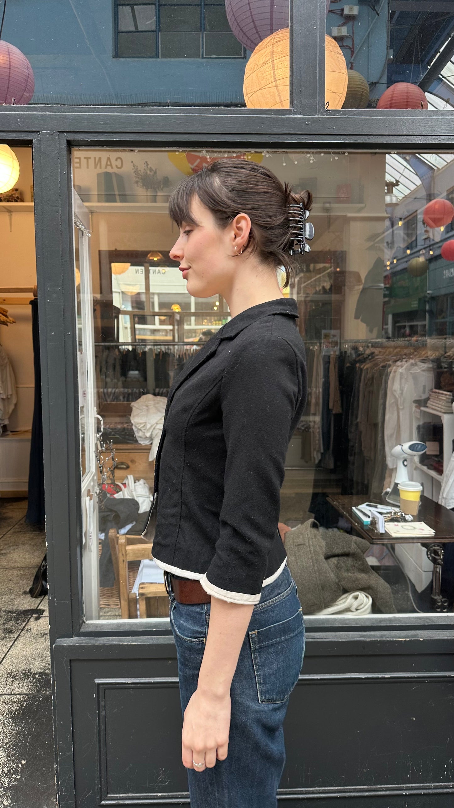 Black wool jacket with cream cotton lining