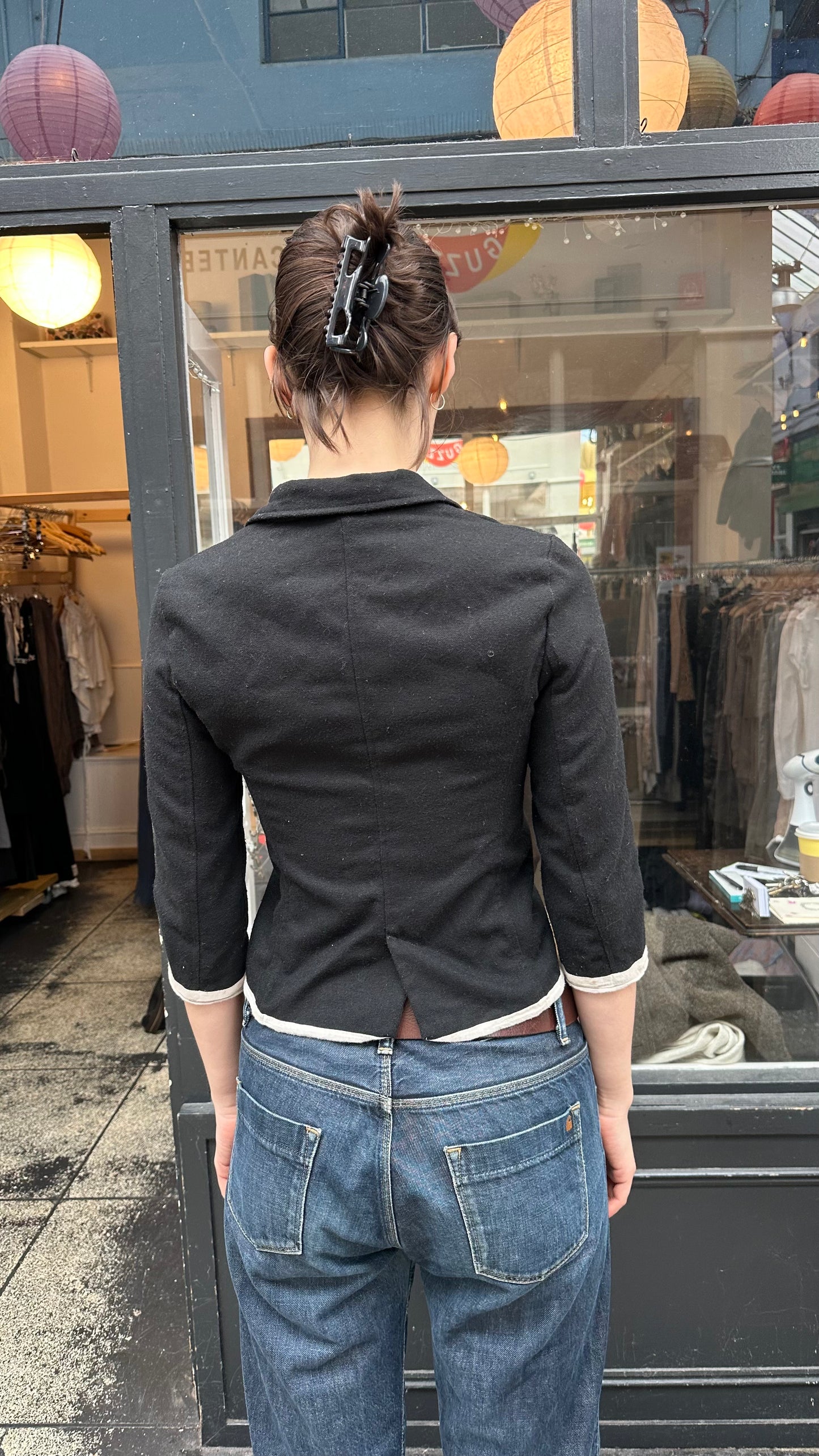 Black wool jacket with cream cotton lining