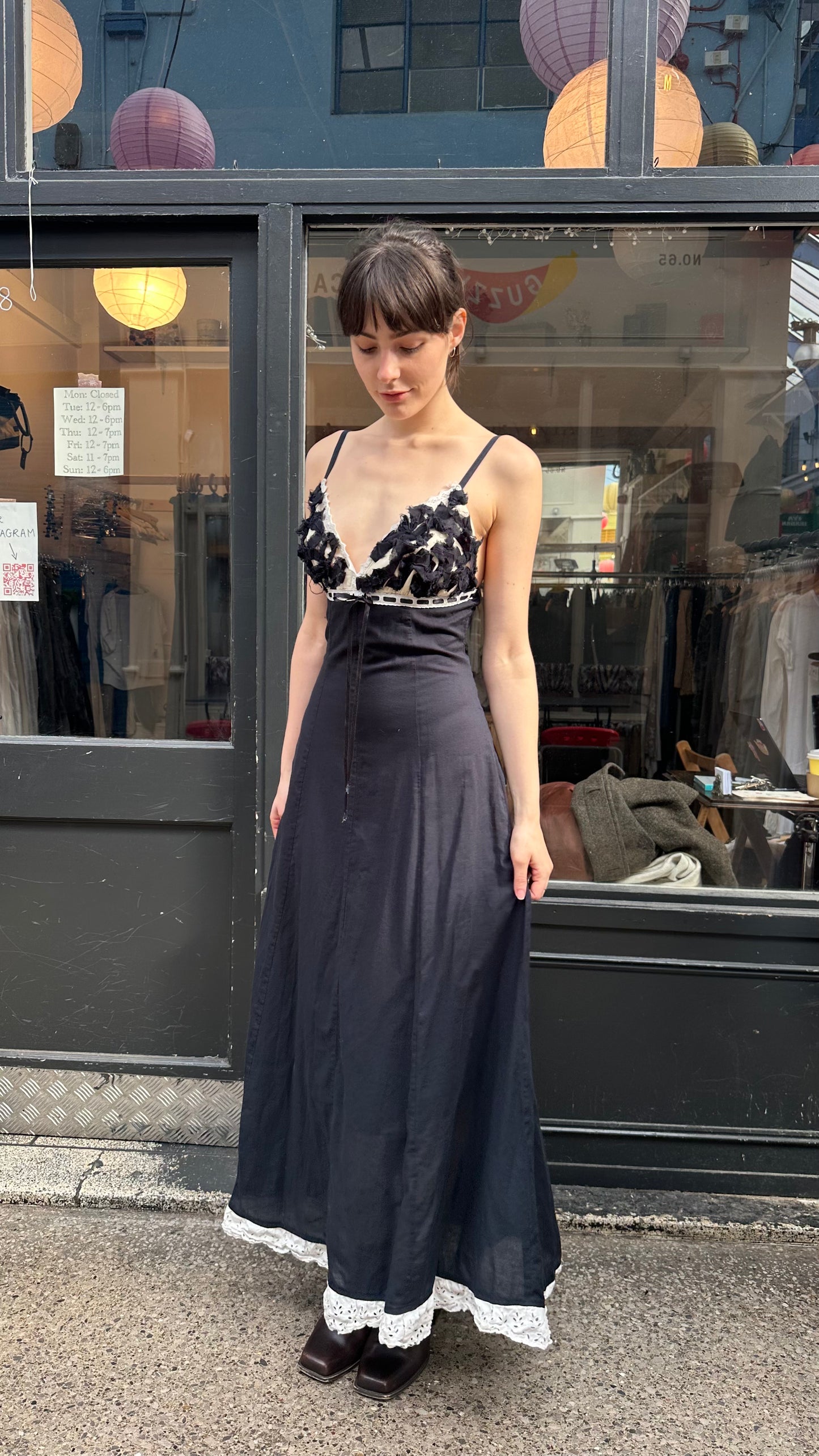 Maxi dress with raw edge appliqué on chest